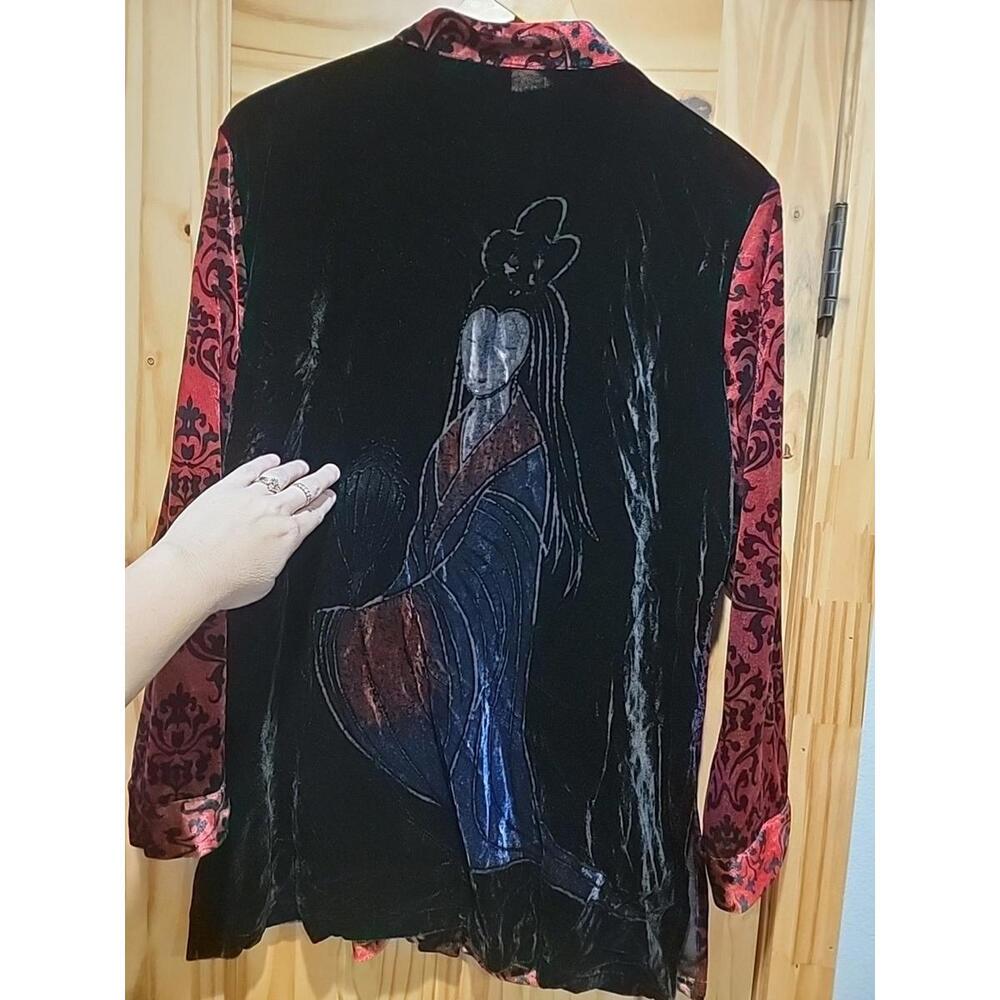 Womens Black Red Velvet Button Geisha Long Sleeve Boho Tunic Was Mackie Mandarin
